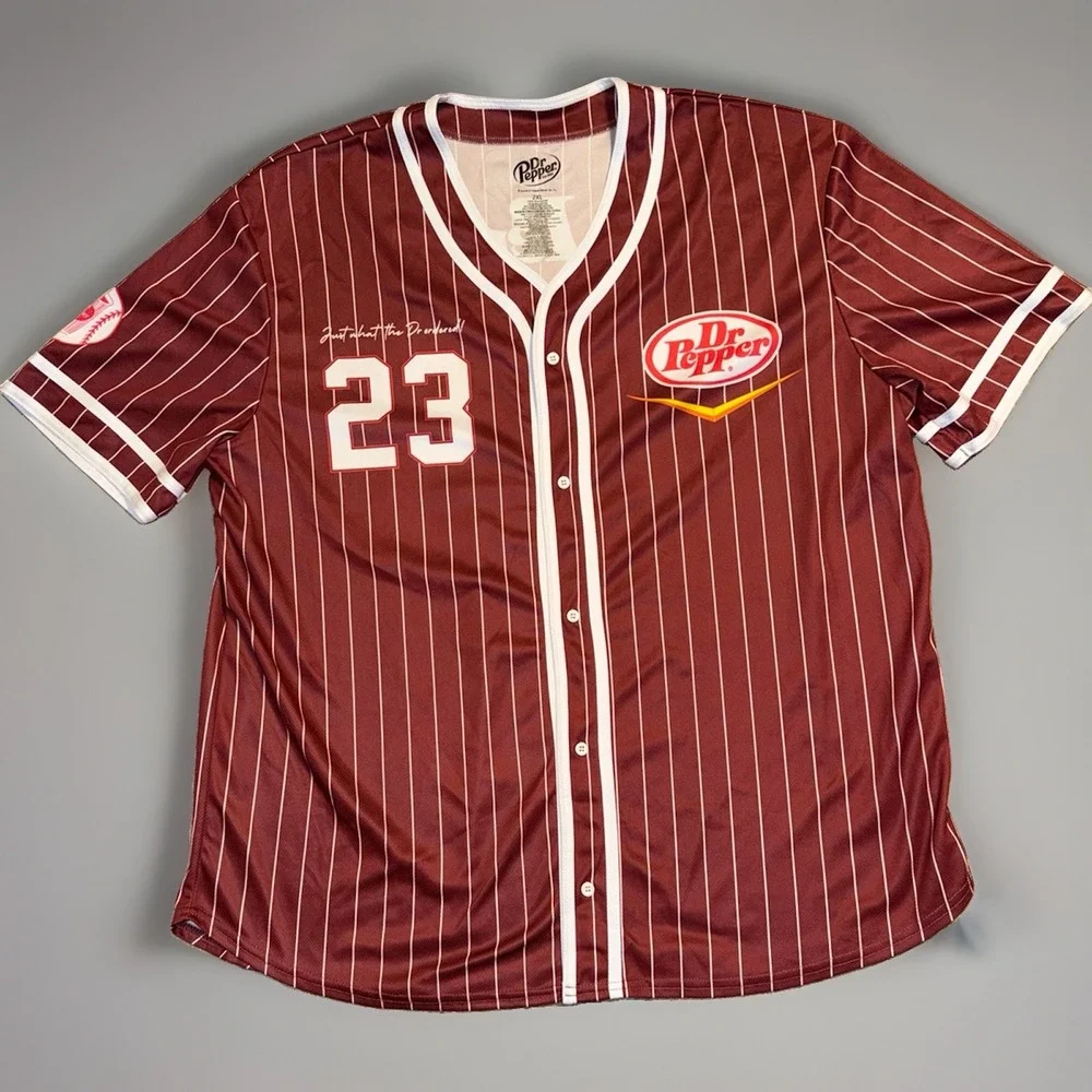 Dr Pepper #23 Baseball Jersey Men's Size 2XL Red Pinstripe Button Front